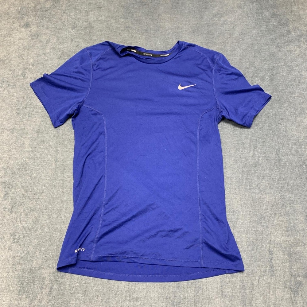 Nike Miler Running Shirt Mens Small Navy Blue Dri Fit Swoosh Logo Raglan Sleeve